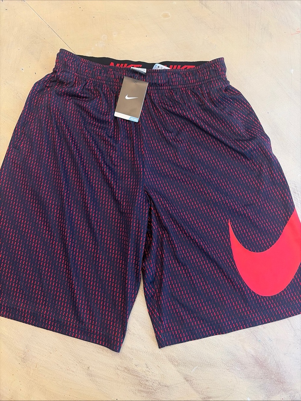 Mens Nike Dri-FIT Basketball Shorts Navy Blue Red Dash Oversized Swoosh Sz L NWT